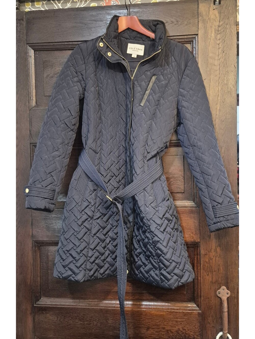 Cole Haan Sig. Navy Blue Quilted Belted Coat Women's Size L